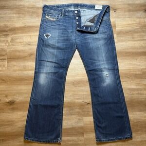 Diesel Zathan Jeans Men 36x30 Blue Bootcut Dark Wash Italy Thrashed Denim 008LC